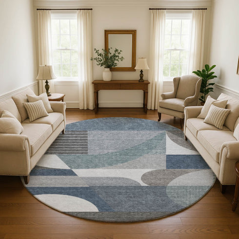 8' Gray Blue And Ivory Geometric Washable Round Rug With UV Protection