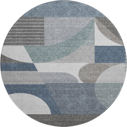 8' Gray Blue And Ivory Geometric Washable Round Rug With UV Protection
