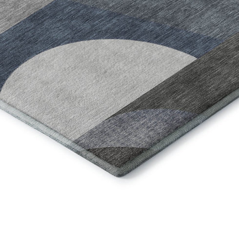8' Gray Blue And Ivory Geometric Washable Round Rug With UV Protection