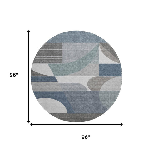 8' Gray Blue And Ivory Geometric Washable Round Rug With UV Protection