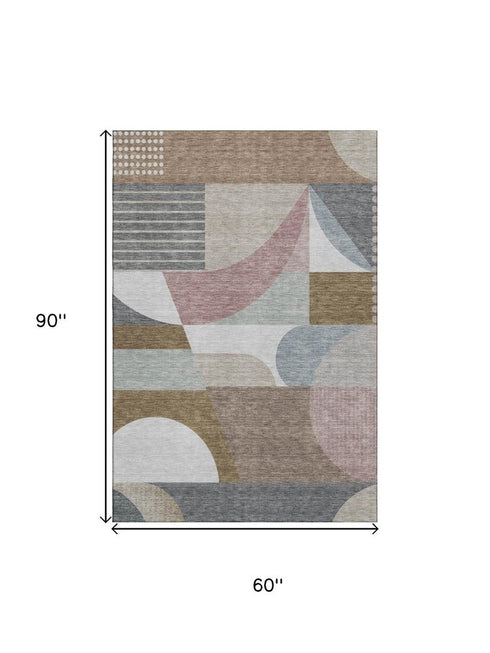 5' X 8' Coffee Mauve And Ivory Geometric Washable Area Rug With UV Protection