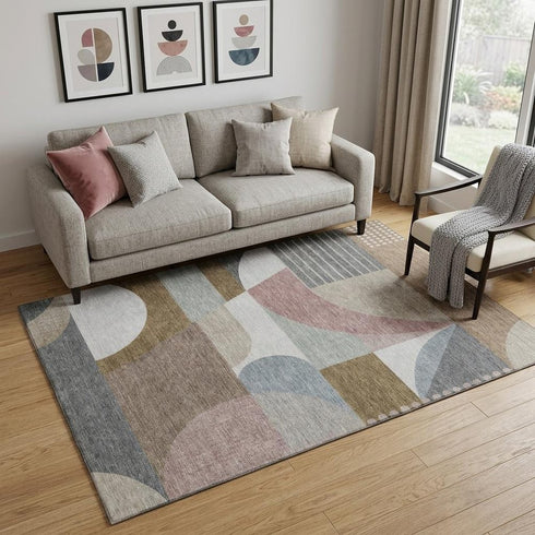 5' X 8' Coffee Mauve And Ivory Geometric Washable Area Rug With UV Protection