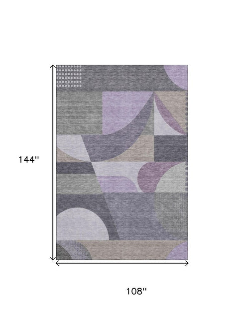 9' X 12' Purple Gray And Beige Geometric Washable Area Rug With UV Protection