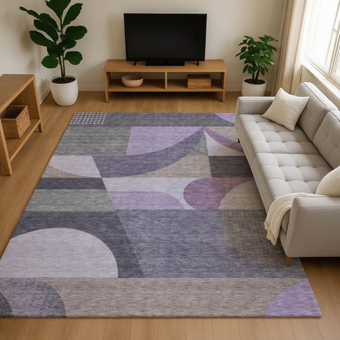 9' X 12' Purple Gray And Beige Geometric Washable Area Rug With UV Protection