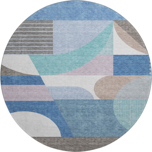8' Sky Blue Teal And Ivory Geometric Washable Round Rug With UV Protection
