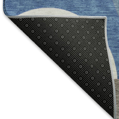8' Sky Blue Teal And Ivory Geometric Washable Round Rug With UV Protection