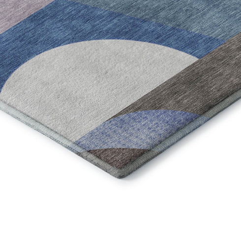 8' Sky Blue Teal And Ivory Geometric Washable Round Rug With UV Protection