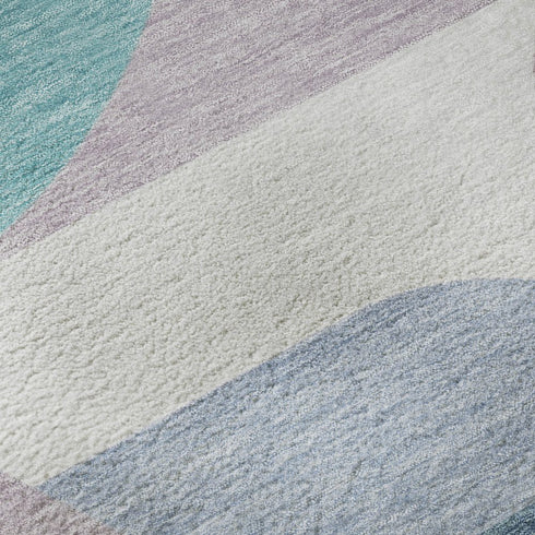 8' Sky Blue Teal And Ivory Geometric Washable Round Rug With UV Protection