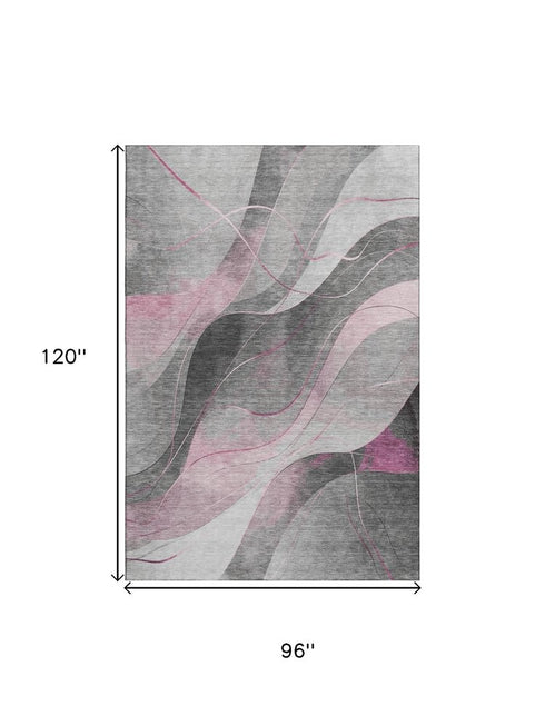 8' X 10' Pink Gray And Silver Abstract Washable Area Rug With UV Protection