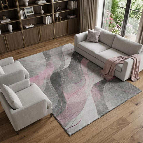 8' X 10' Pink Gray And Silver Abstract Washable Area Rug With UV Protection