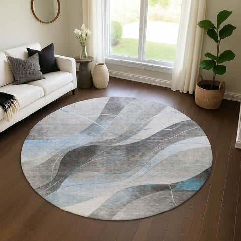8' Sky Blue Gray And Silver Abstract Washable Round Rug With UV Protection