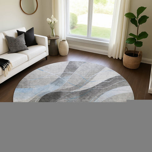 8' Sky Blue Gray And Silver Abstract Washable Round Rug With UV Protection