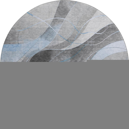 8' Sky Blue Gray And Silver Abstract Washable Round Rug With UV Protection