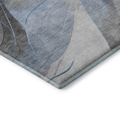 8' Sky Blue Gray And Silver Abstract Washable Round Rug With UV Protection