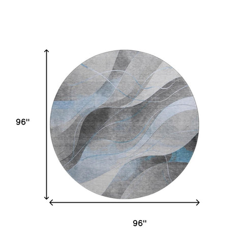 8' Sky Blue Gray And Silver Abstract Washable Round Rug With UV Protection