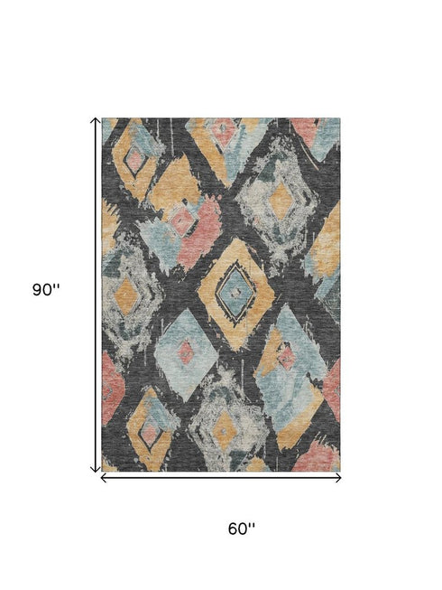 5' X 8' Charcoal Gold And Coral Abstract Geometric Washable Area Rug With UV Protection