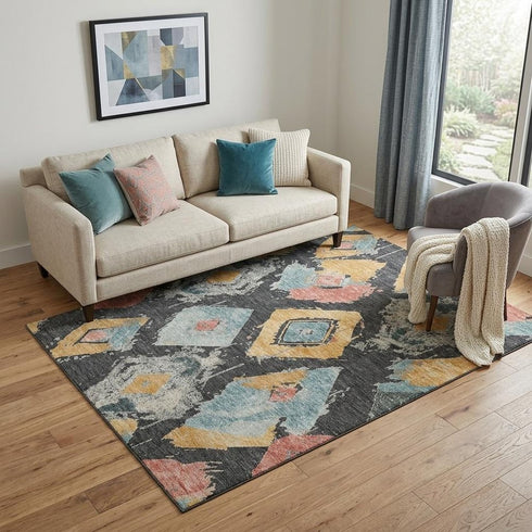 5' X 8' Charcoal Gold And Coral Abstract Geometric Washable Area Rug With UV Protection