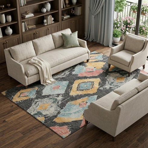 8' X 10' Charcoal Gold And Coral Abstract Geometric Washable Area Rug With UV Protection
