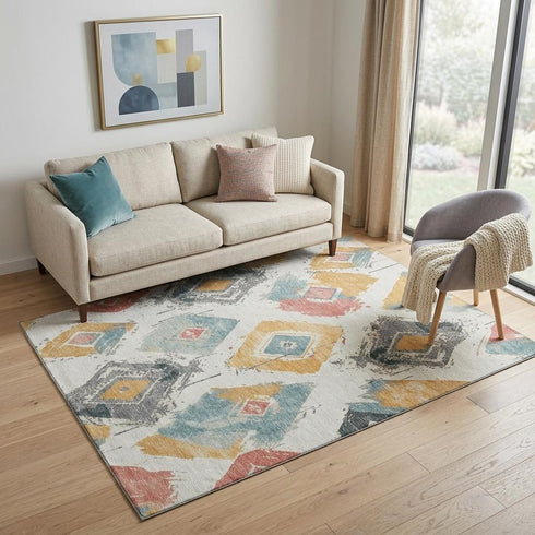 5' X 8' Ivory Gold And Blush Abstract Geometric Washable Area Rug With UV Protection