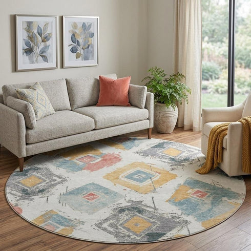 8' Ivory Gold And Blush Abstract Geometric Washable Round Rug With UV Protection
