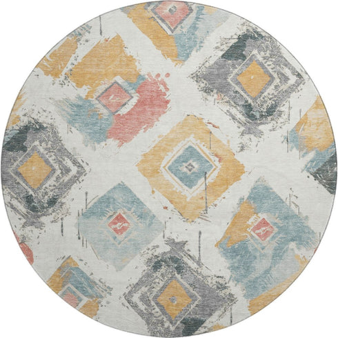 8' Ivory Gold And Blush Abstract Geometric Washable Round Rug With UV Protection