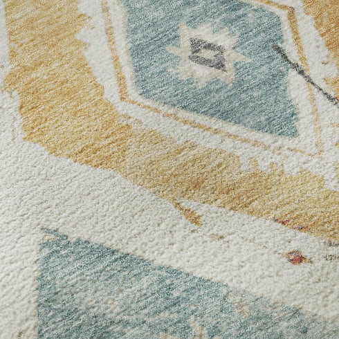 8' Ivory Gold And Blush Abstract Geometric Washable Round Rug With UV Protection