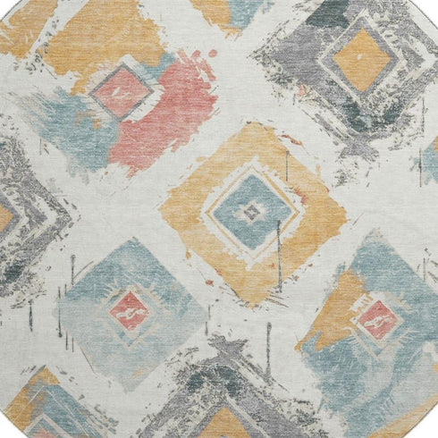 8' Ivory Gold And Blush Abstract Geometric Washable Round Rug With UV Protection