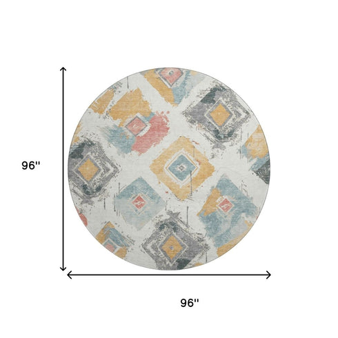 8' Ivory Gold And Blush Abstract Geometric Washable Round Rug With UV Protection