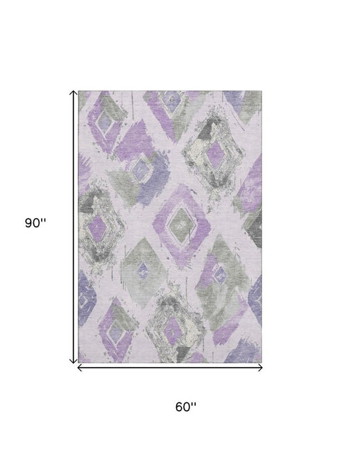 5' X 8' Lavender Ivory And Gray Abstract Geometric Washable Area Rug With UV Protection