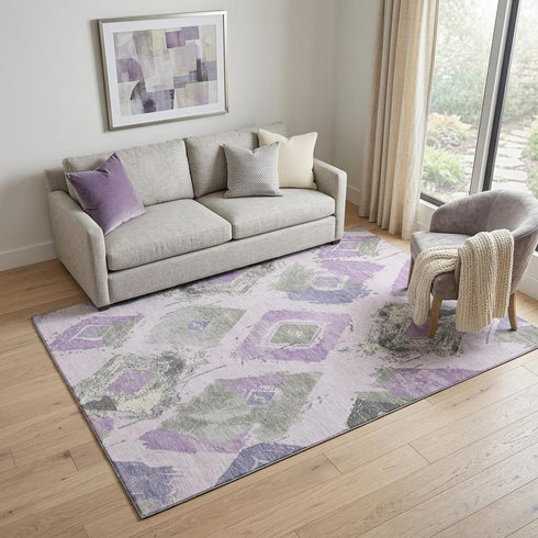 5' X 8' Lavender Ivory And Gray Abstract Geometric Washable Area Rug With UV Protection