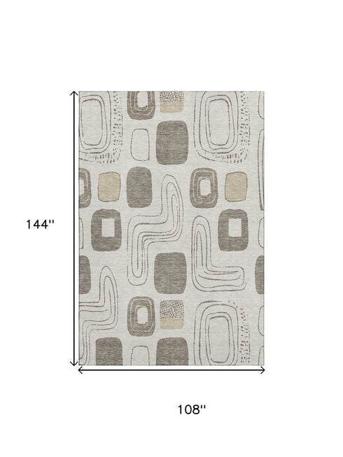 9' X 12' Beige Taupe And Khaki Geometric Washable Area Rug With UV Protection