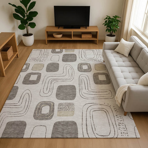 9' X 12' Beige Taupe And Khaki Geometric Washable Area Rug With UV Protection