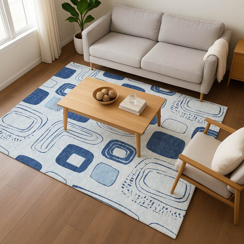 9' X 12' Blue Sky Blue And Ivory Geometric Washable Area Rug With UV Protection