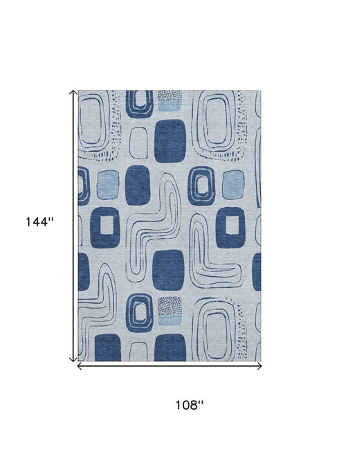 9' X 12' Blue Sky Blue And Ivory Geometric Washable Area Rug With UV Protection