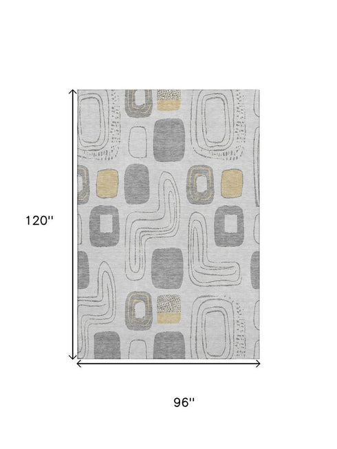 8' X 10' Gray Silver And Gold Geometric Washable Area Rug With UV Protection