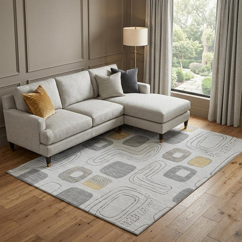 8' X 10' Gray Silver And Gold Geometric Washable Area Rug With UV Protection