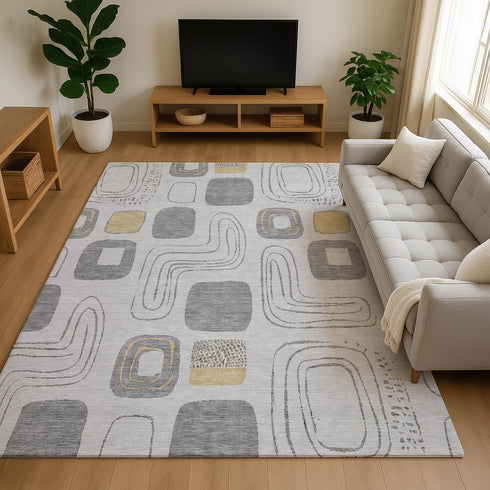 8' X 10' Gray Silver And Gold Geometric Washable Area Rug With UV Protection