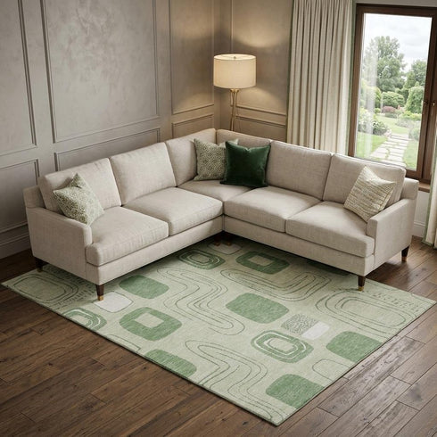8' X 10' Mint Green And Ivory Geometric Washable Area Rug With UV Protection