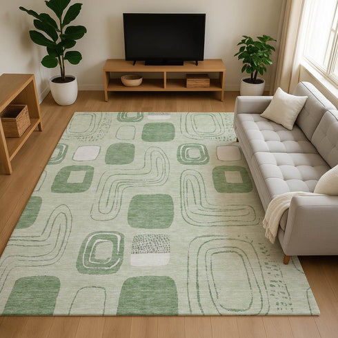 8' X 10' Mint Green And Ivory Geometric Washable Area Rug With UV Protection
