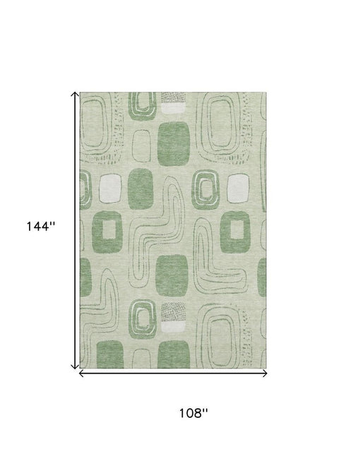 9' X 12' Mint Green And Ivory Geometric Washable Area Rug With UV Protection