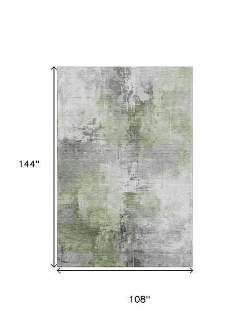 9' X 12' Green Ivory And Gray Abstract Washable Area Rug With UV Protection