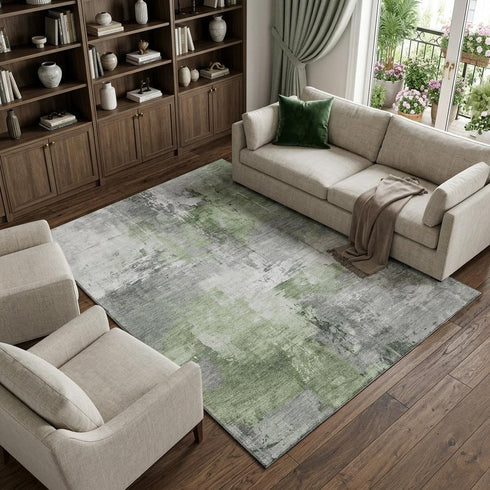 9' X 12' Green Ivory And Gray Abstract Washable Area Rug With UV Protection