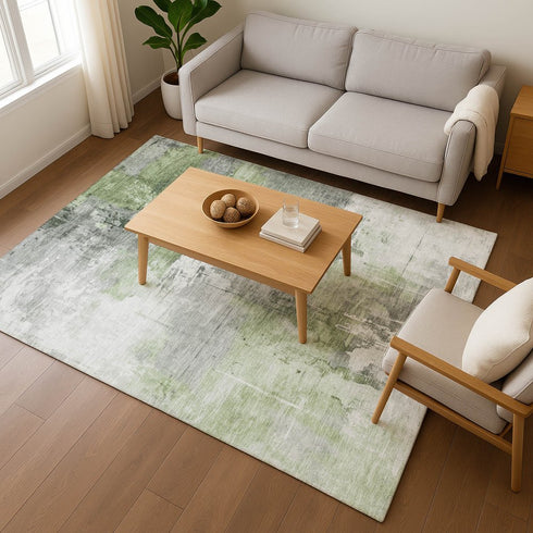 9' X 12' Green Ivory And Gray Abstract Washable Area Rug With UV Protection
