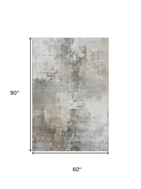 5' X 8' Ivory Gray And Beige Abstract Washable Area Rug With UV Protection