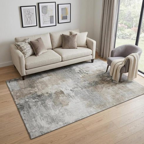 5' X 8' Ivory Gray And Beige Abstract Washable Area Rug With UV Protection