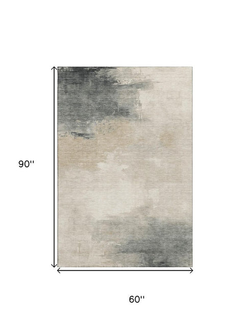 5' X 8' Beige Ivory And Gray Abstract Washable Area Rug With UV Protection