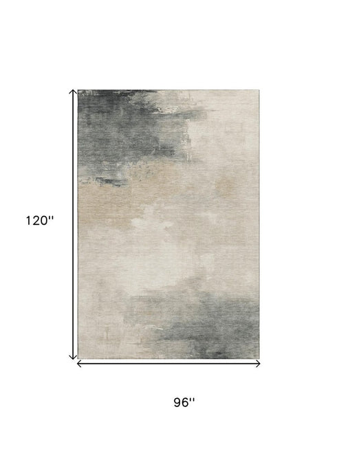 8' X 10' Beige Ivory And Gray Abstract Washable Area Rug With UV Protection