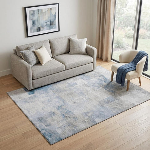 5' X 8' Denim Blue Gray And Silver Abstract Washable Area Rug With UV Protection