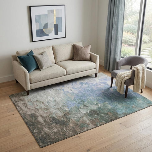 5' X 8' Denim Blue Ivory And Taupe Abstract Washable Area Rug With UV Protection