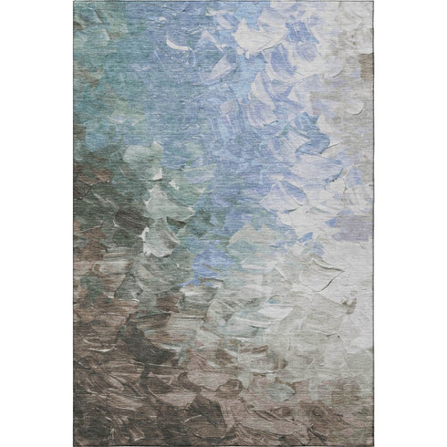 5' X 8' Denim Blue Ivory And Taupe Abstract Washable Area Rug With UV Protection